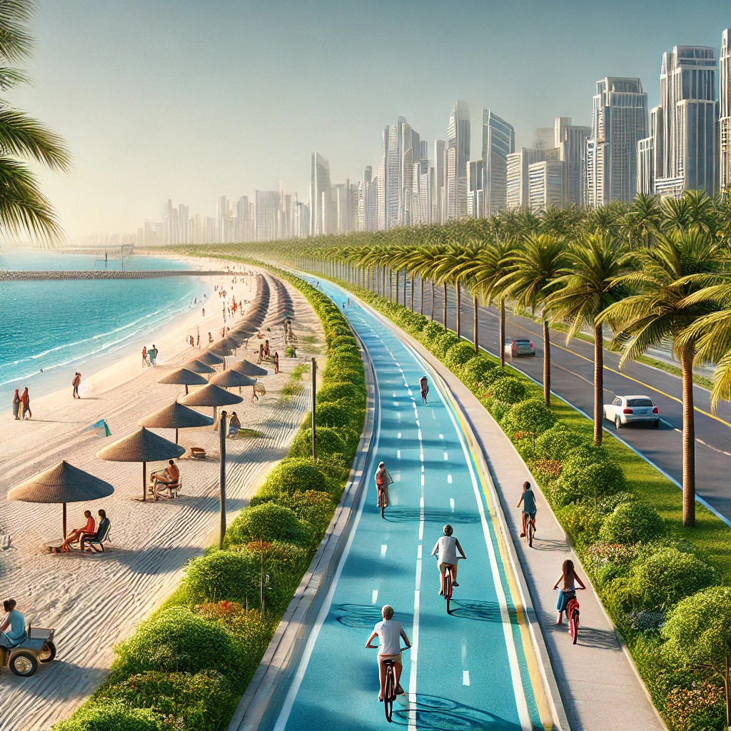 Illustration of Ajman's new beach expansion with a 2.5km cycling track and green spaces.