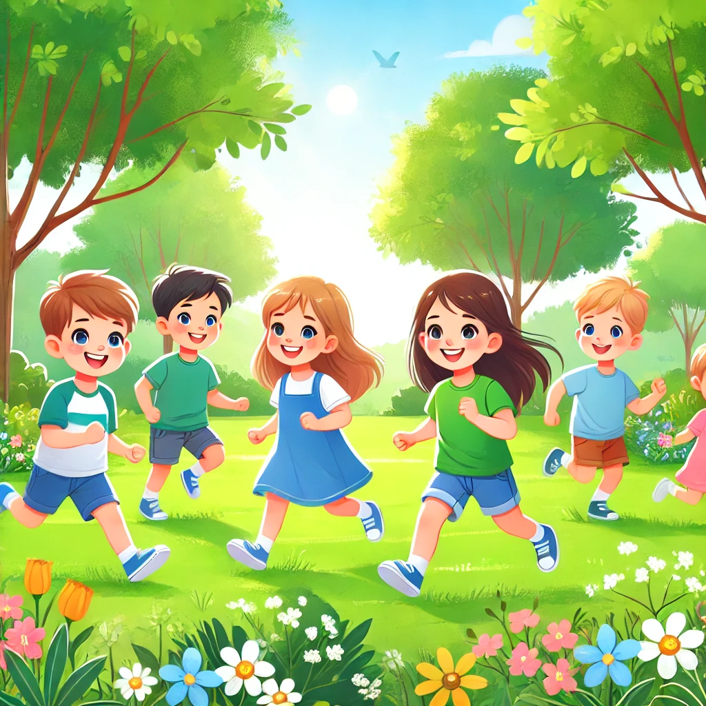 Children playing in a sunny park, surrounded by trees and flowers.