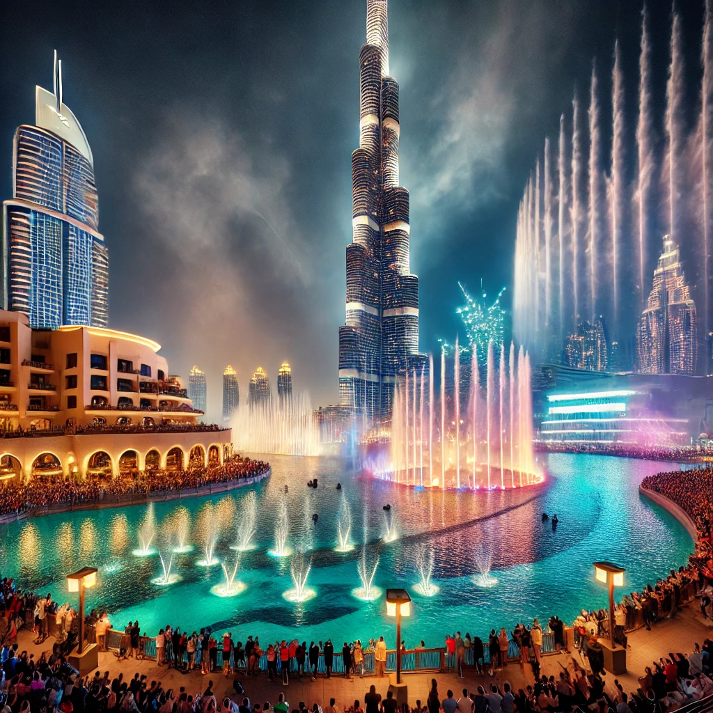 The Dubai Fountain performing a water and light show in front of the Burj Khalifa.