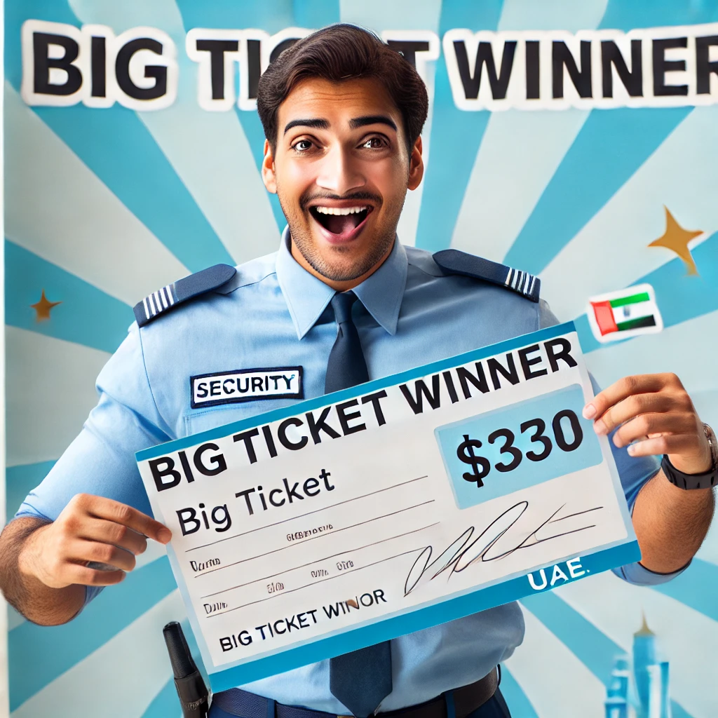 Ashik Patinharath holding his winning Big Ticket raffle ticket.
