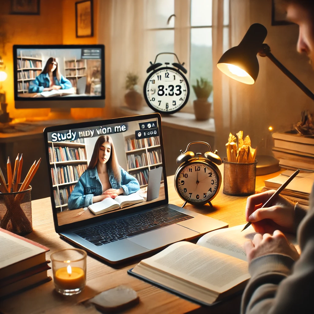 Focused student watching a 'Study With Me' video. A student studying alongside a 'Study With Me' video on a laptop.