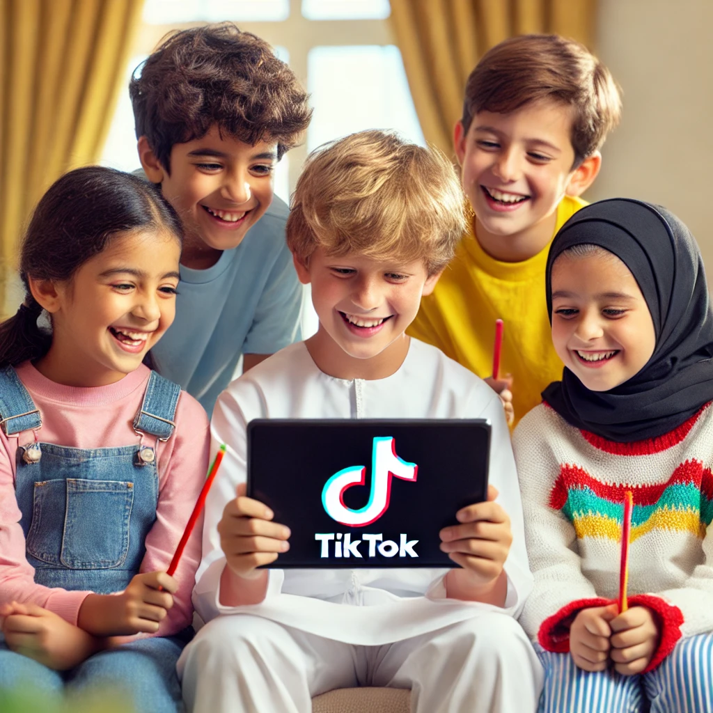 Children watching TikTok videos on a tablet.