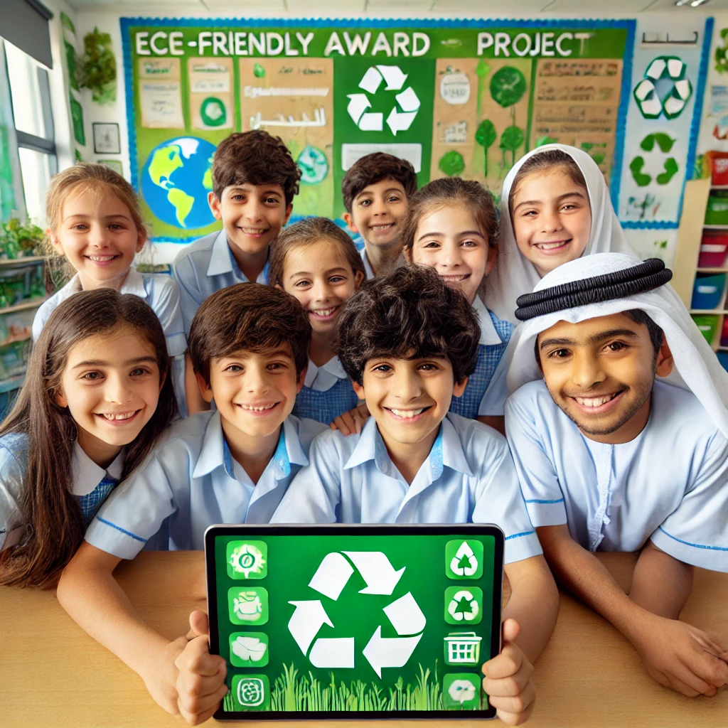 Illustration of students using the EcoMind Academy app in a classroom.