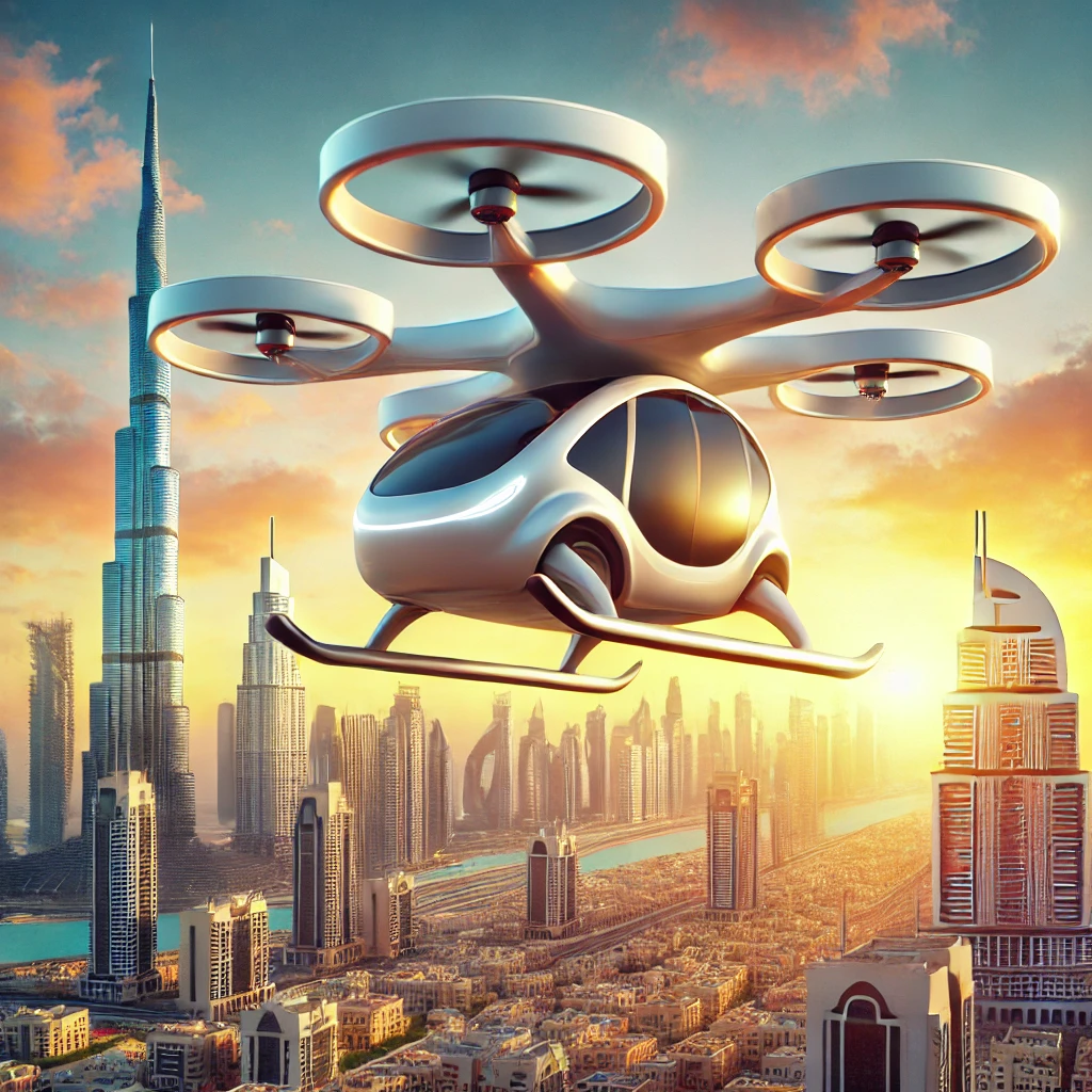 Illustration of a flying taxi over Dubai.