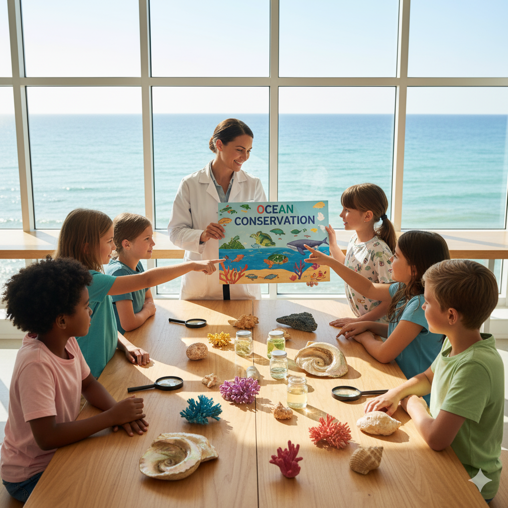 Students learning about marine life in school with teacher and coral models