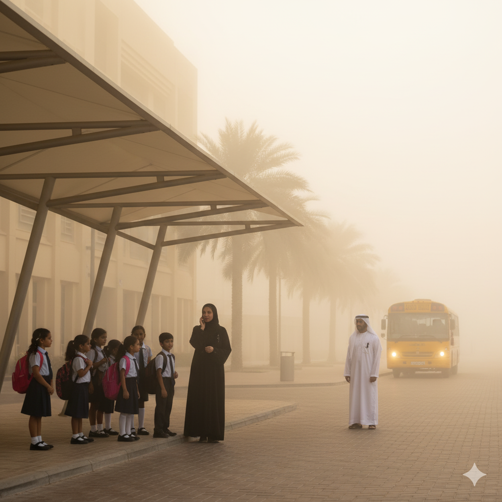 Students waiting safely indoors at a school as fog surrounds the campus