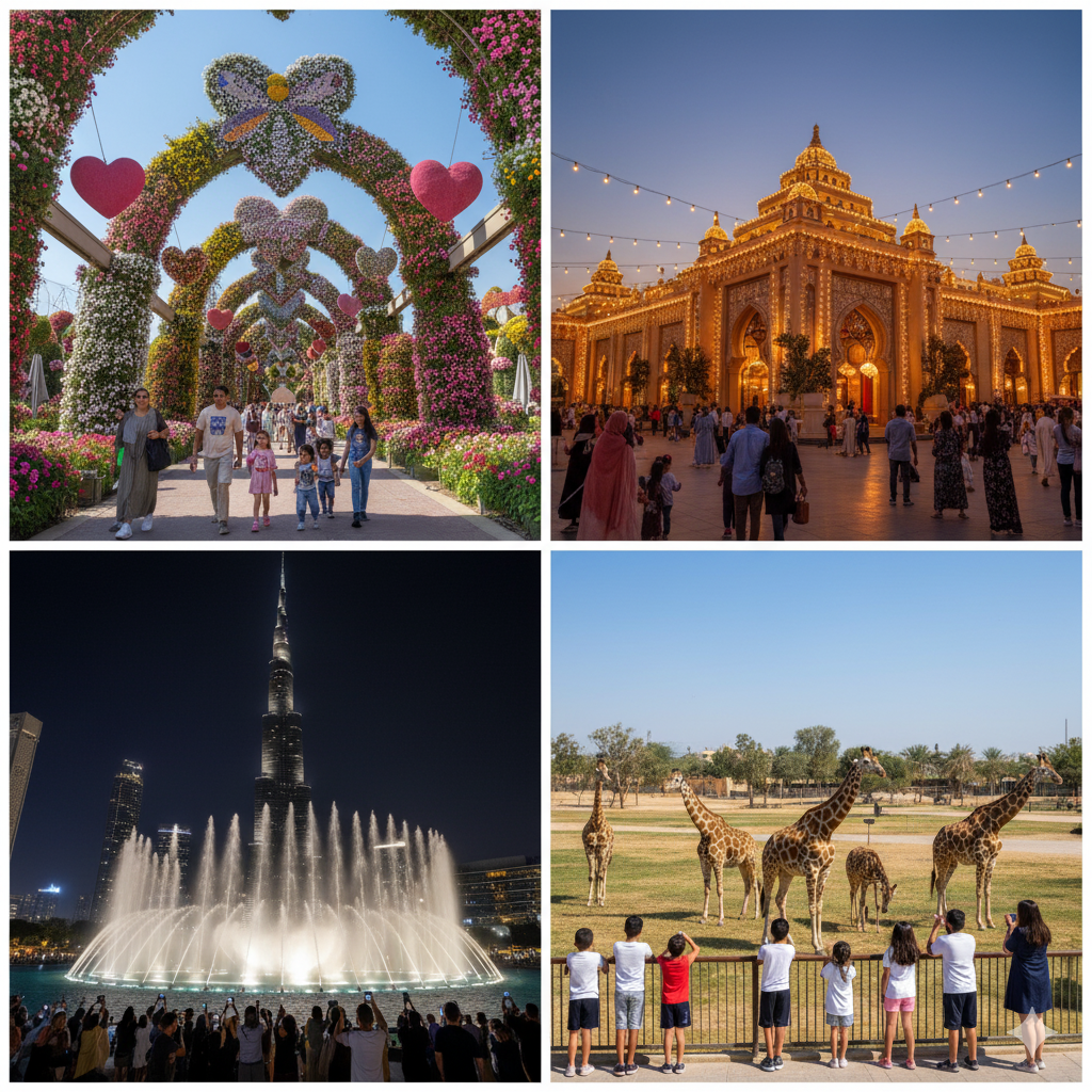 Photorealistic collage of Dubai Miracle Garden, Global Village, Dubai Fountain, and Safari Park reopening in 2025
