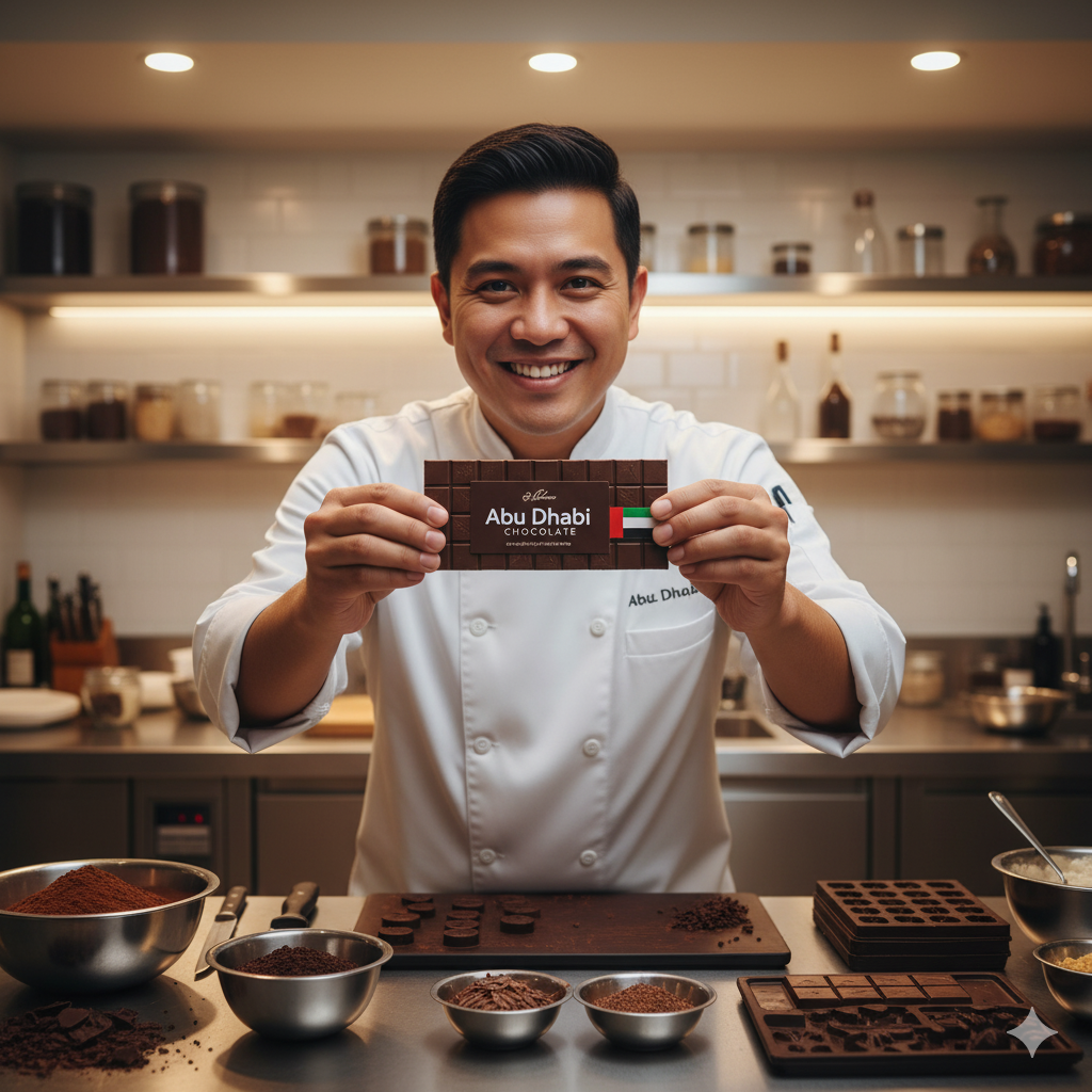 Chef Nouel Catis holding a new Abu Dhabi-inspired chocolate bar in a modern dessert kitchen image title: Abu Dhabi Chocolate Created by Chef Nouel