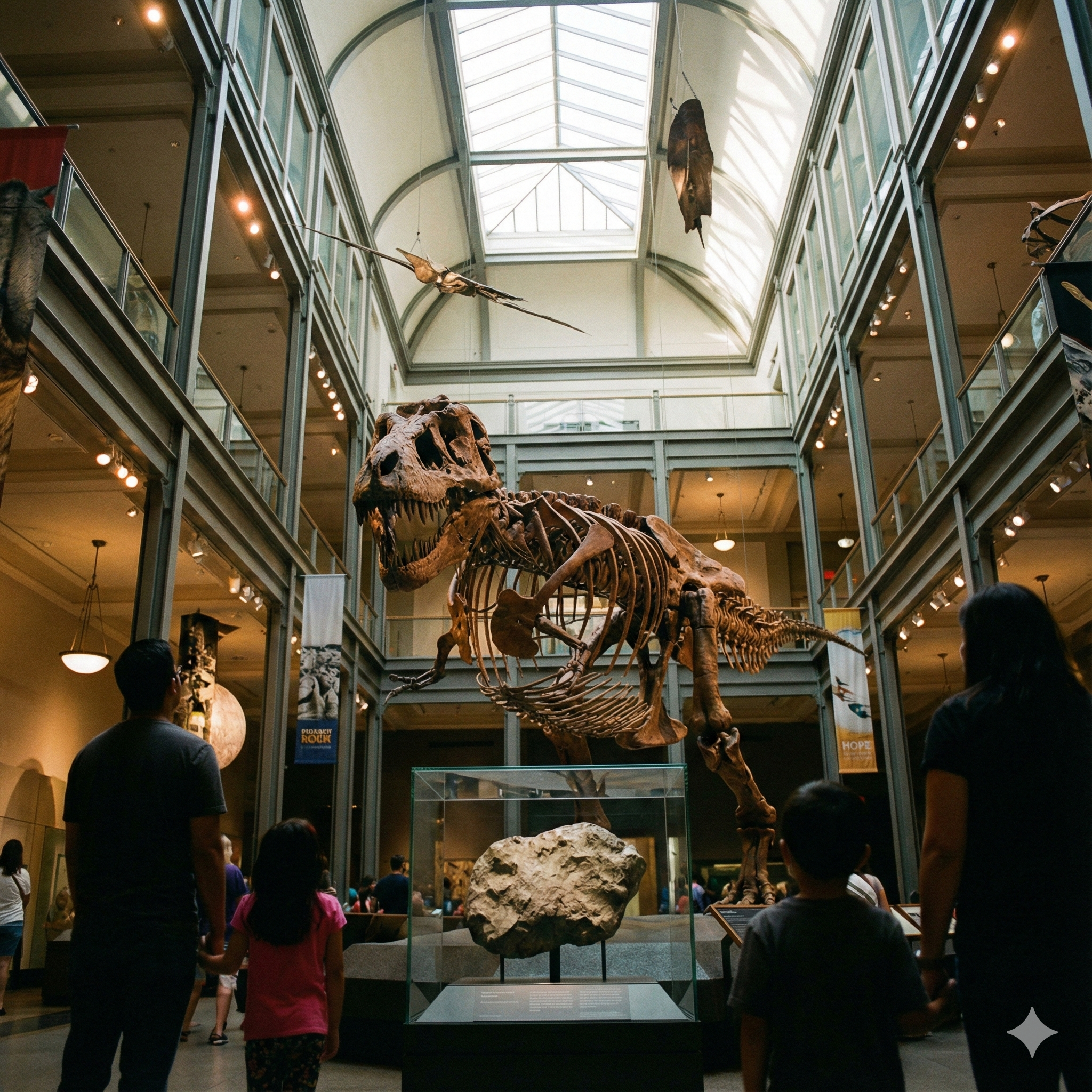 Inside Abu Dhabi’s Natural History Museum showing dinosaur skeleton and moon rock exhibit