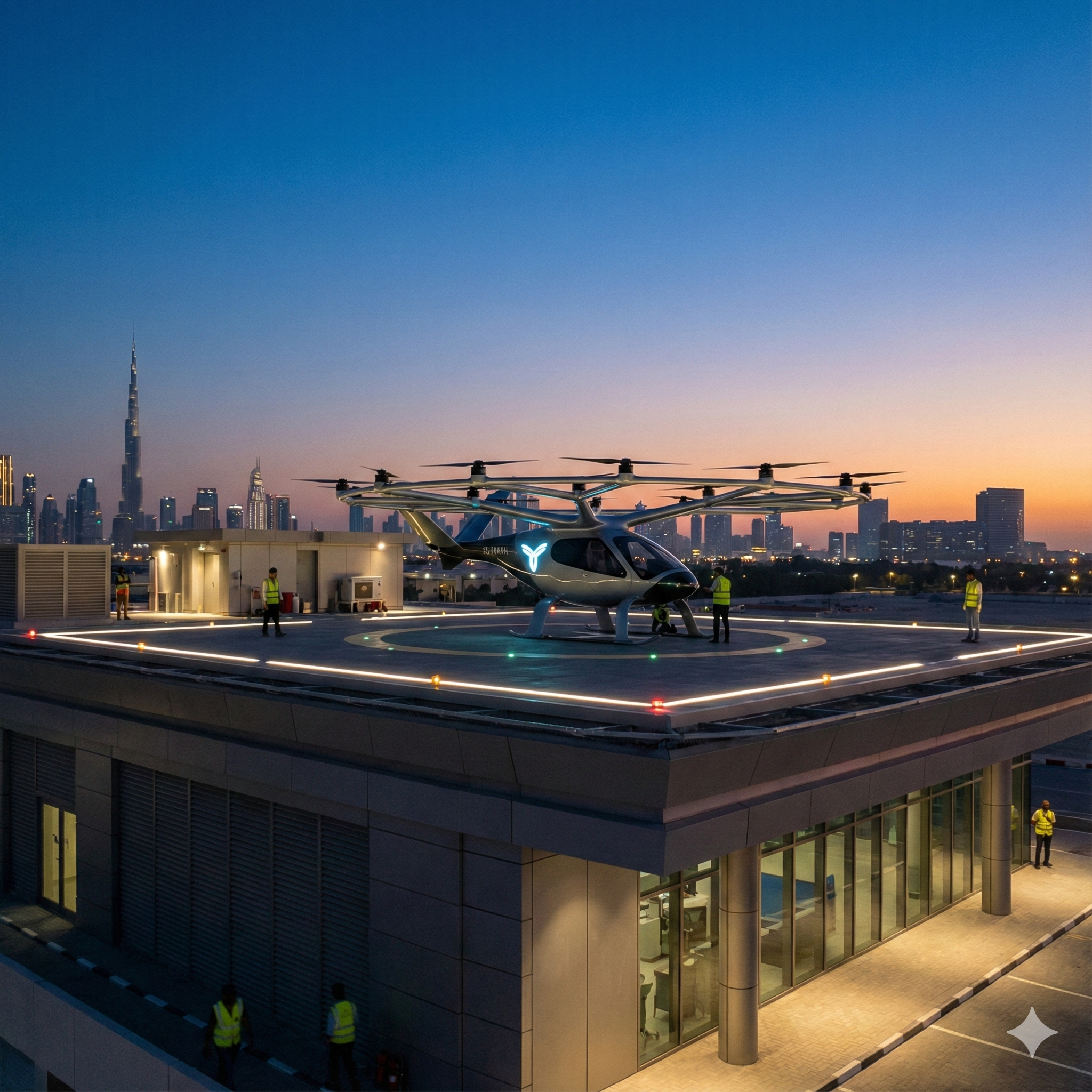 Dubai Air‑Taxi Safety Preparations Air‑taxi eVTOL sitting on vertiport pad in Dubai ready for launch