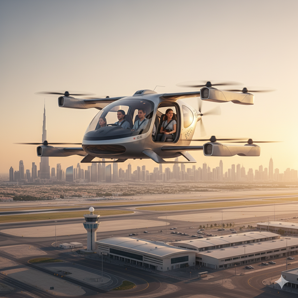 A futuristic flying air taxi flying over Dubai with a pilot and passengers during sunset image title: Dubai’s First Air Taxi Test Flight with Passengers