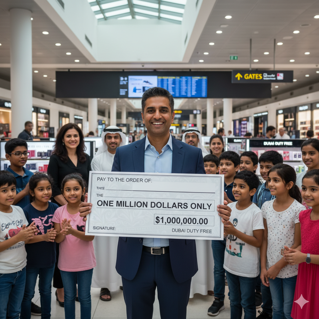 Atul Rao, a happy Indian man in business clothes, holding a giant cheque for $1 million at Dubai Duty Free image title: Indian Banker Wins $1 Million in Dubai