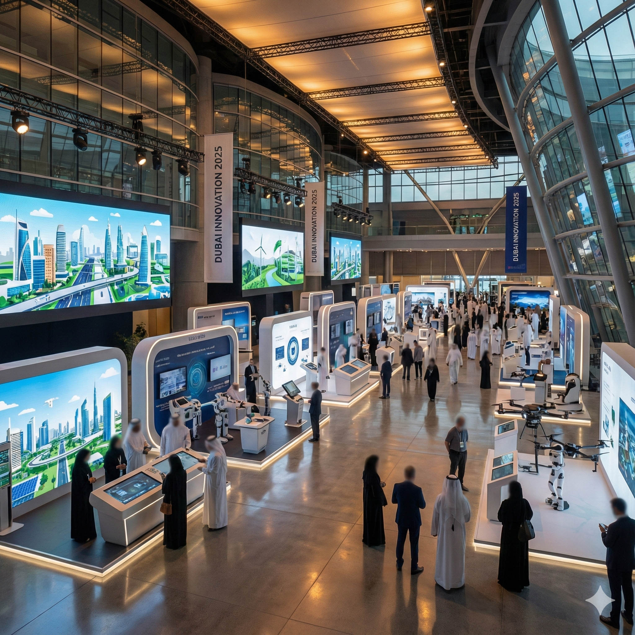 Student Inventions Win Big at Dubai Innovation Awards Innovation expo in Dubai showing futuristic booths and student invention displays