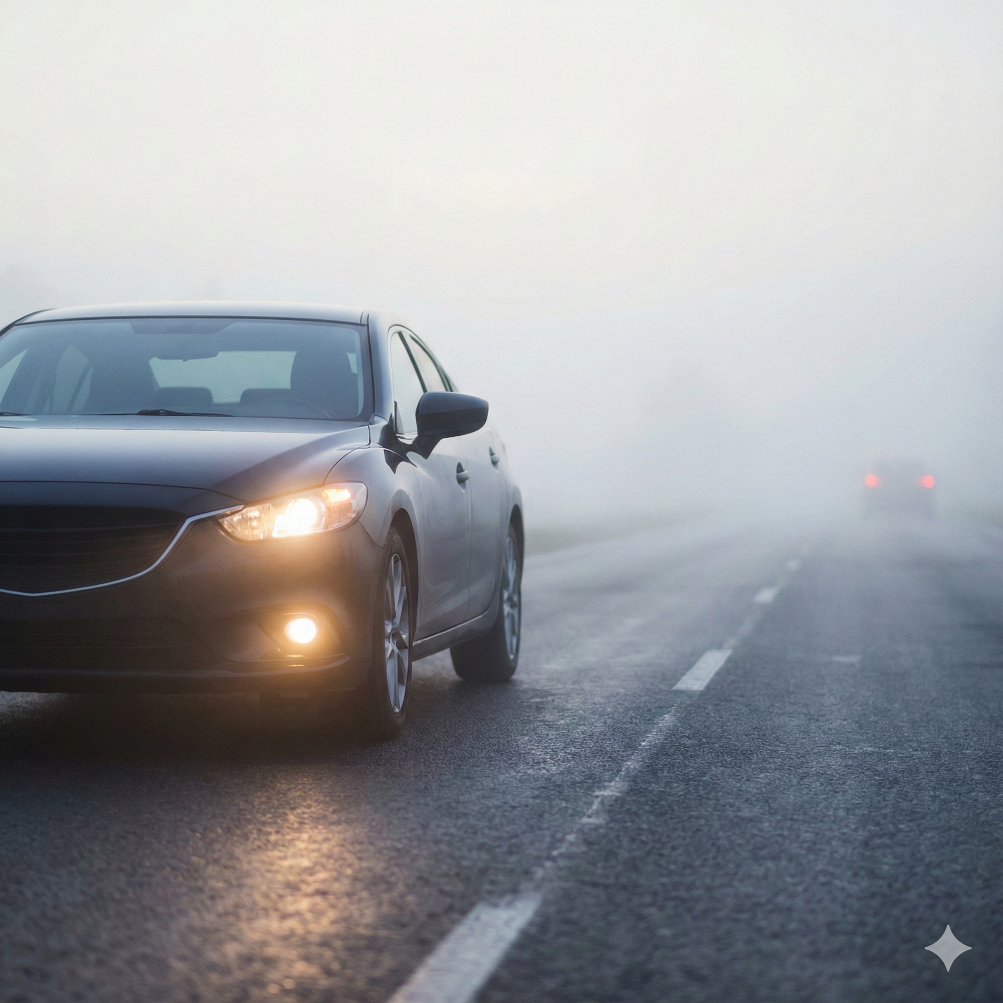 Car driving cautiously on a foggy road with low‑beam and fog lights