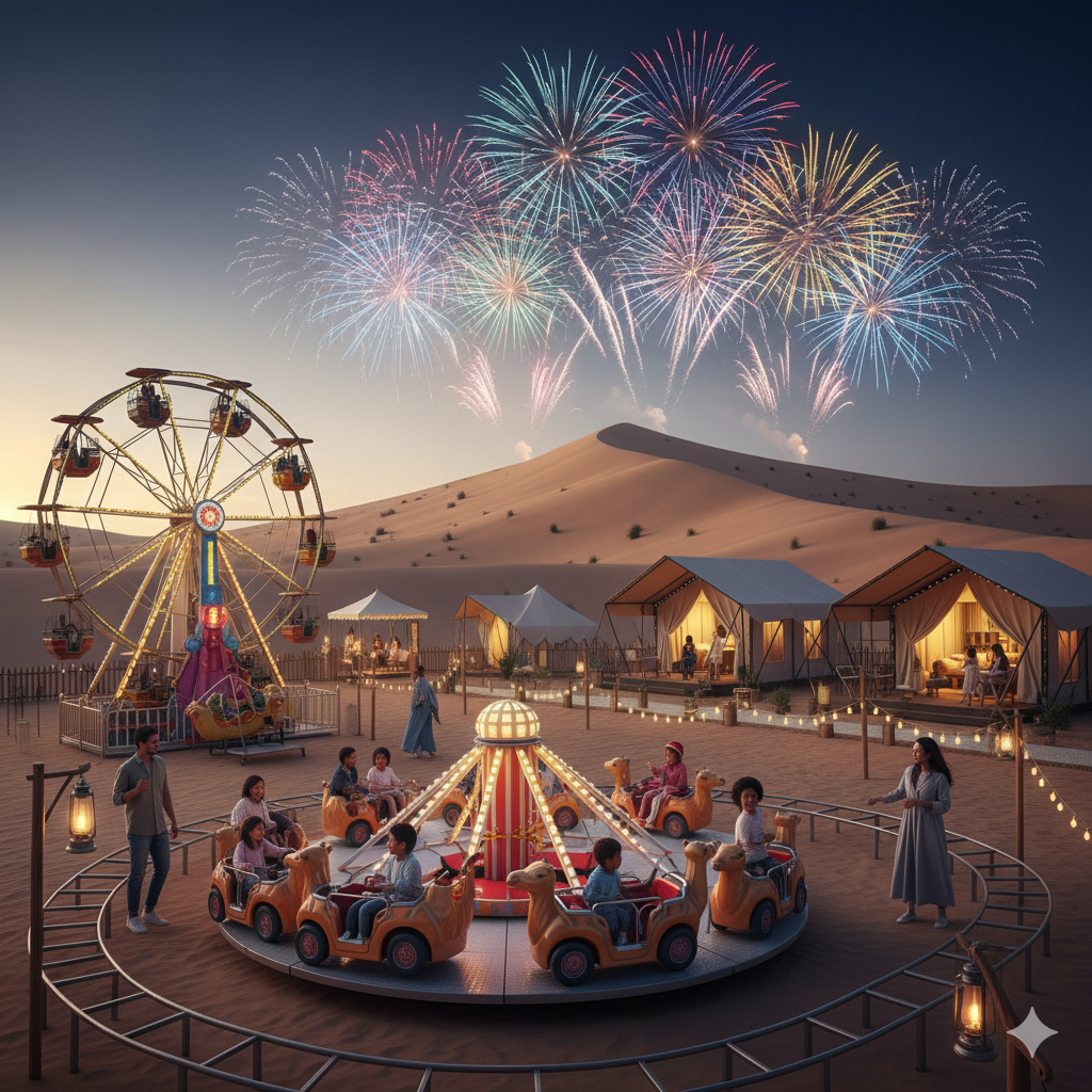 Families and campers enjoying the Liwa International Festival at Tal Moreeb with fireworks over sand dunes at dusk image title: Liwa Festival 2025 Desert Fireworks & Camping