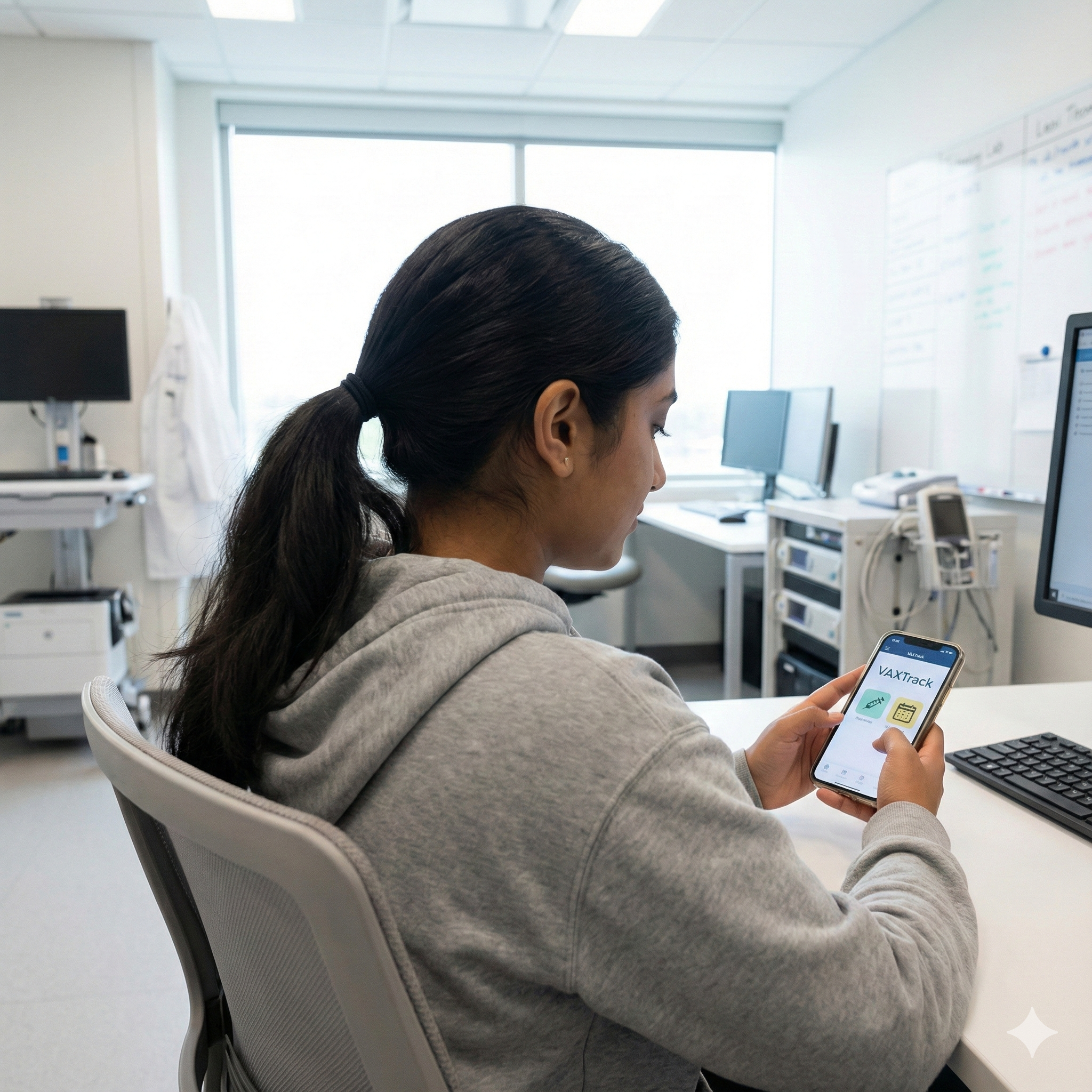 Teen girl using a vaccination reminder app in a bright hospital tech room