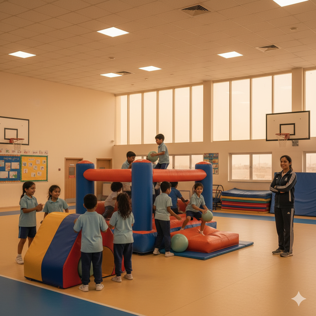 Children playing safely inside a UAE school gym during a dusty weather alert image title: UAE Schools Move Activities Indoors Due to Dust