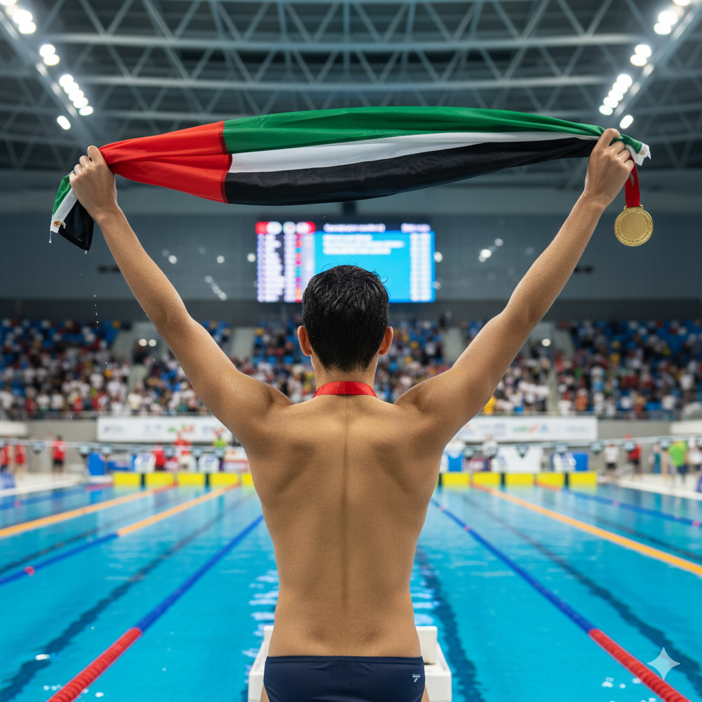 Swimmer holding a UAE flag and gold medal at the edge of a pool after a big race win image title: UAE’s First Swimming Gold by Dubai Student Hussein Shawky