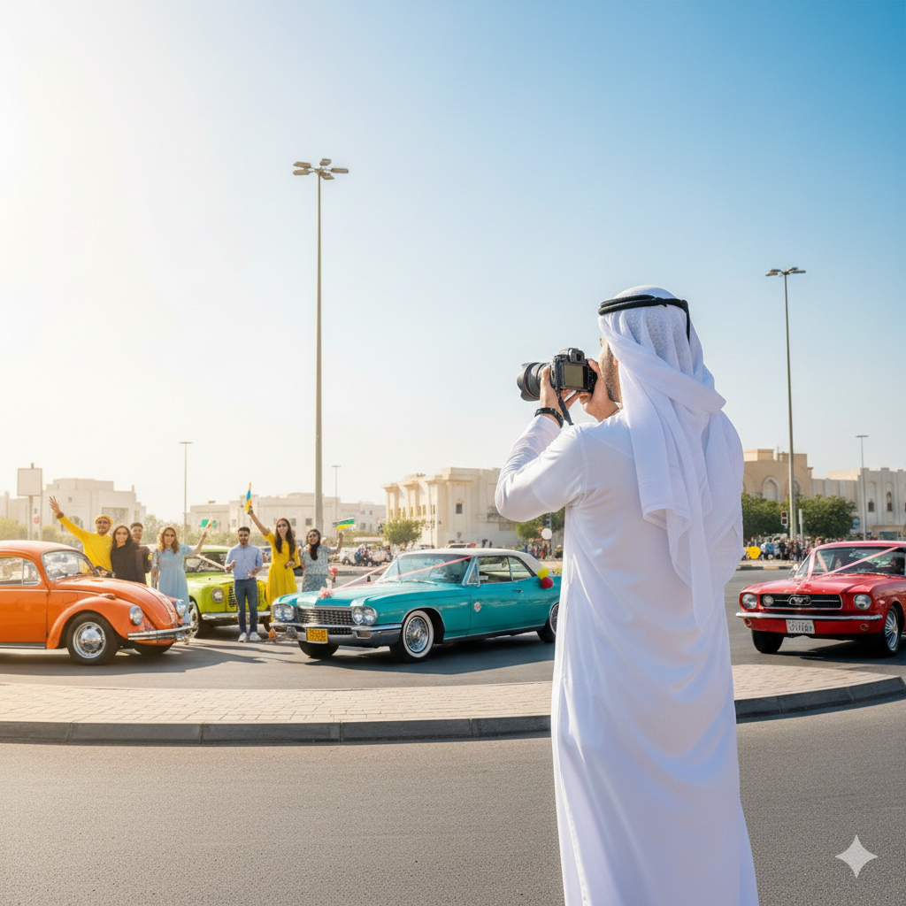 Photographer taking pictures of cars at Sharjah roundabout