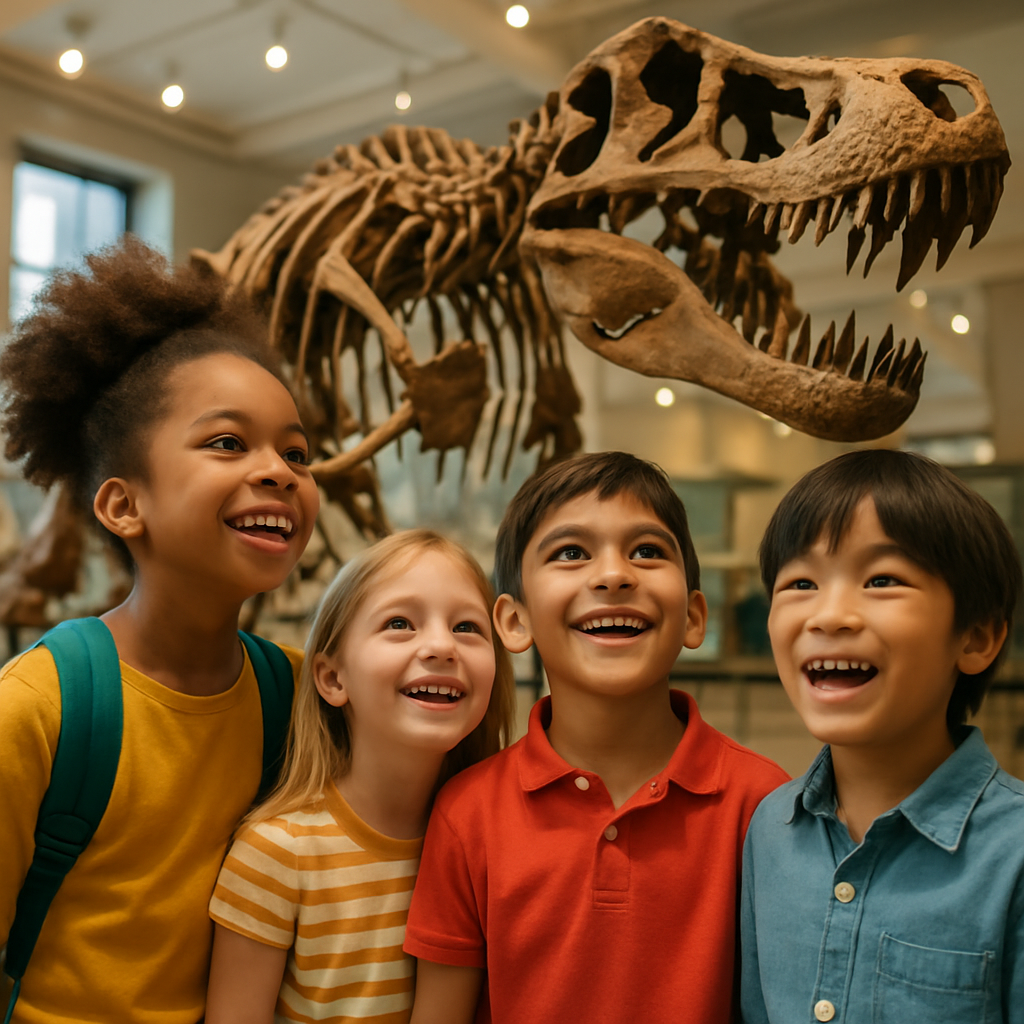 Kids at Abu Dhabi Museum exploring dinosaur skeleton