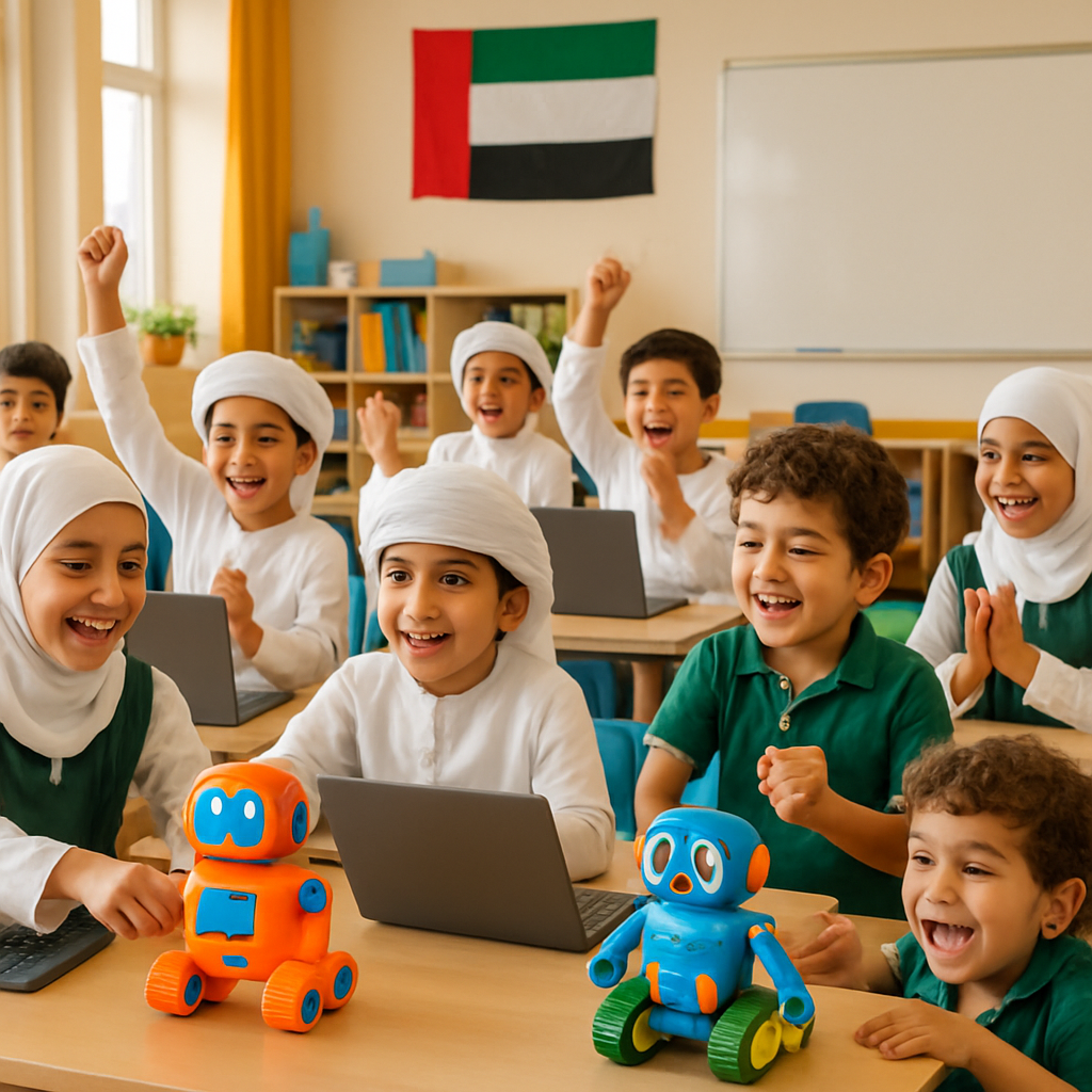 Excited children at AI Academy UAE playing with robots