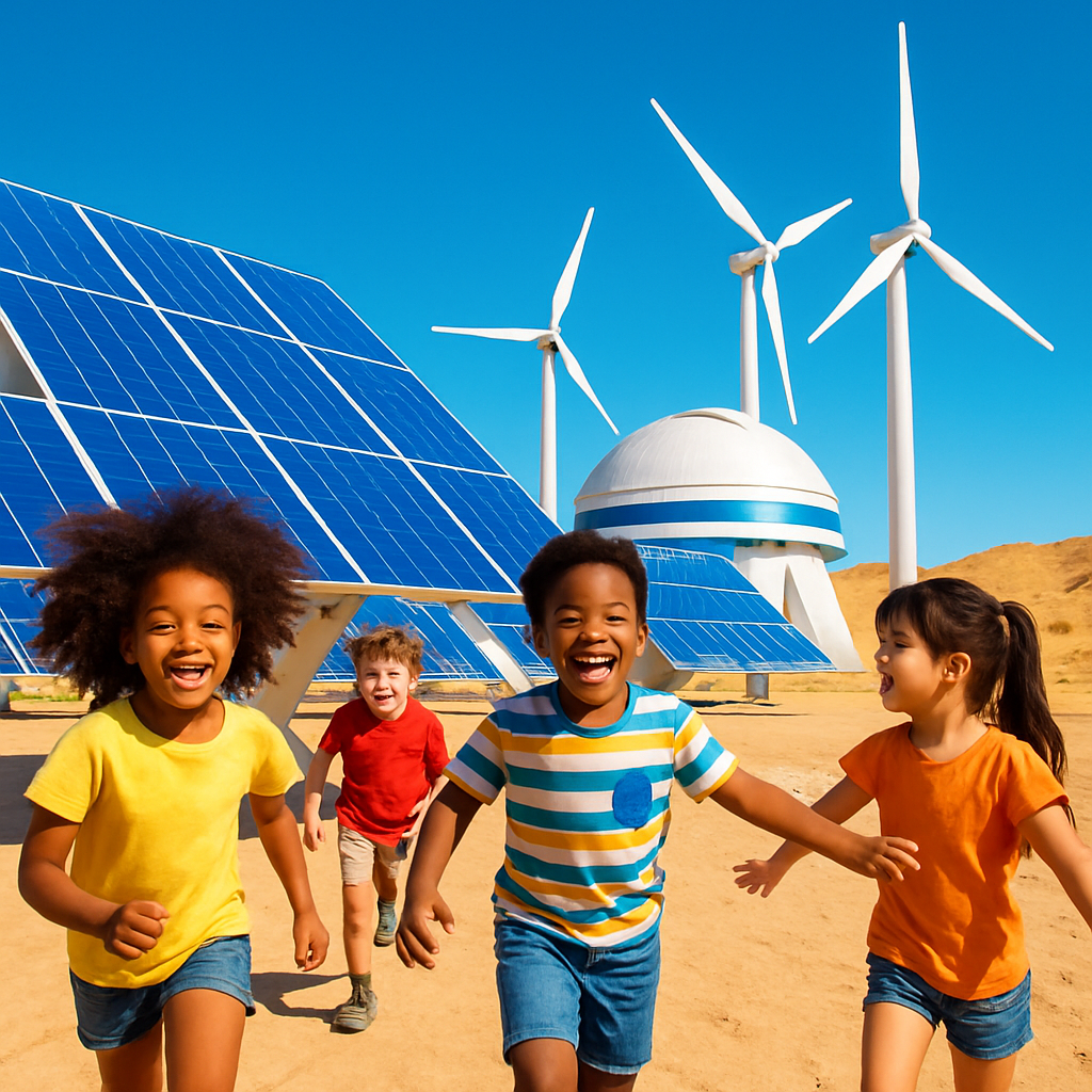 Children exploring a futuristic energy setup