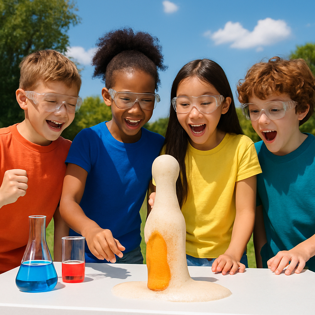Diverse kids learning about a scientific discovery outdoors