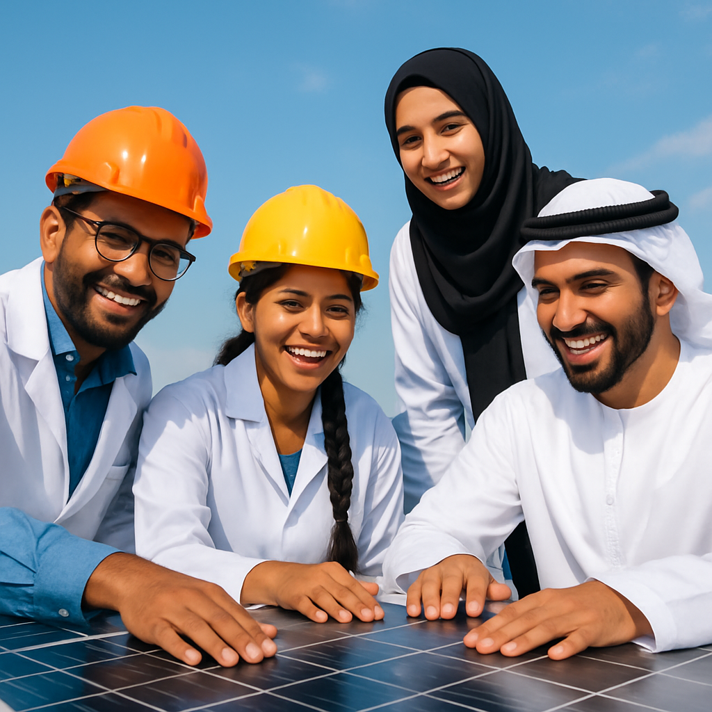 UAE and Indian scientists with solar panel