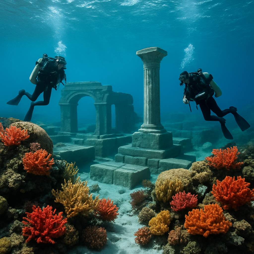 Divers exploring underwater heritage sites with ruins and corals