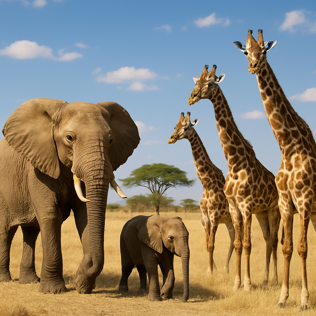 African wildlife conservation with elephants and giraffes