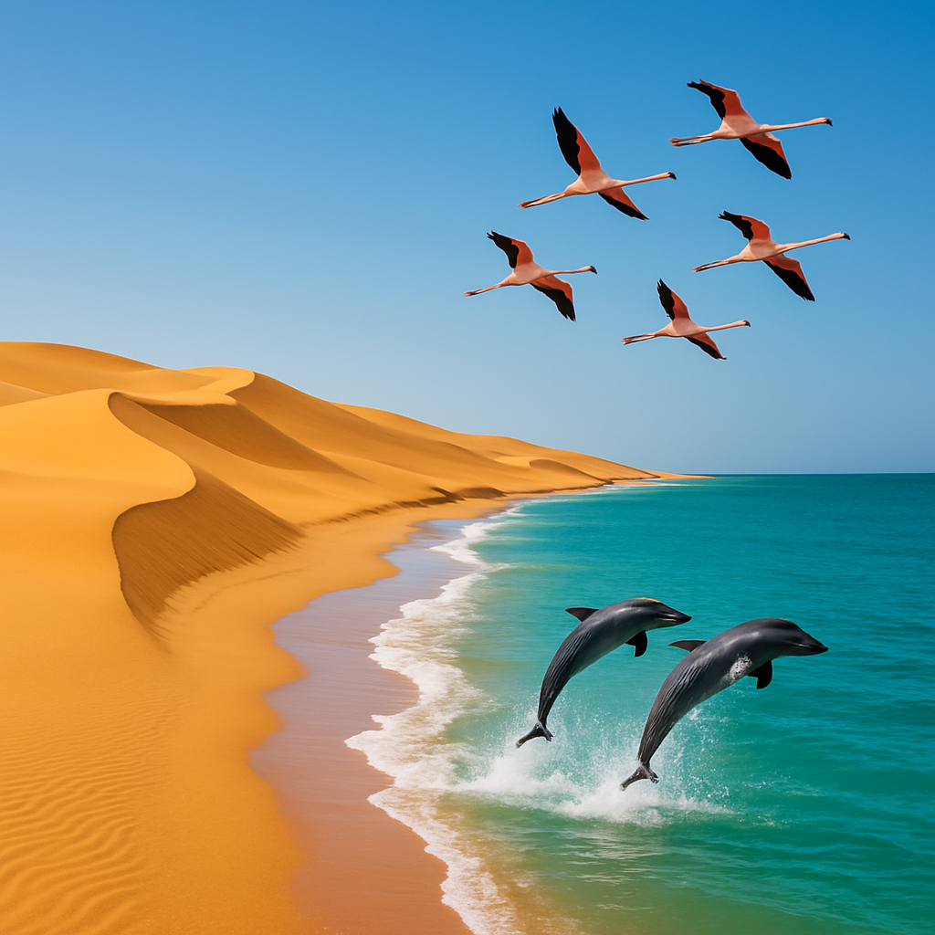 Meeting of Mauritania's desert and ocean with dolphins and flamingos
