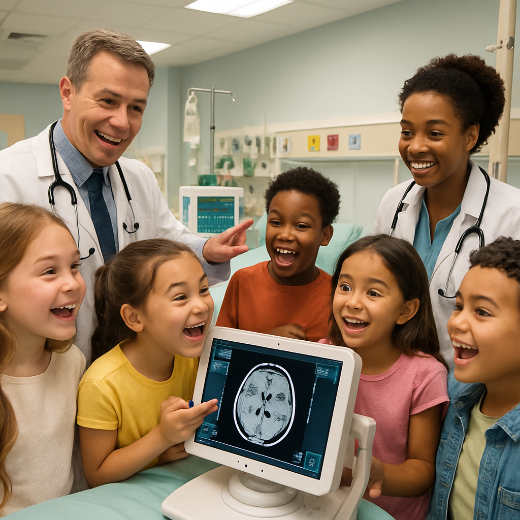 Children visiting a hospital learning about technology in healthcare