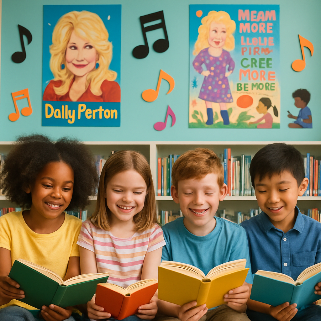 Children celebrating Dolly Parton Day by reading together