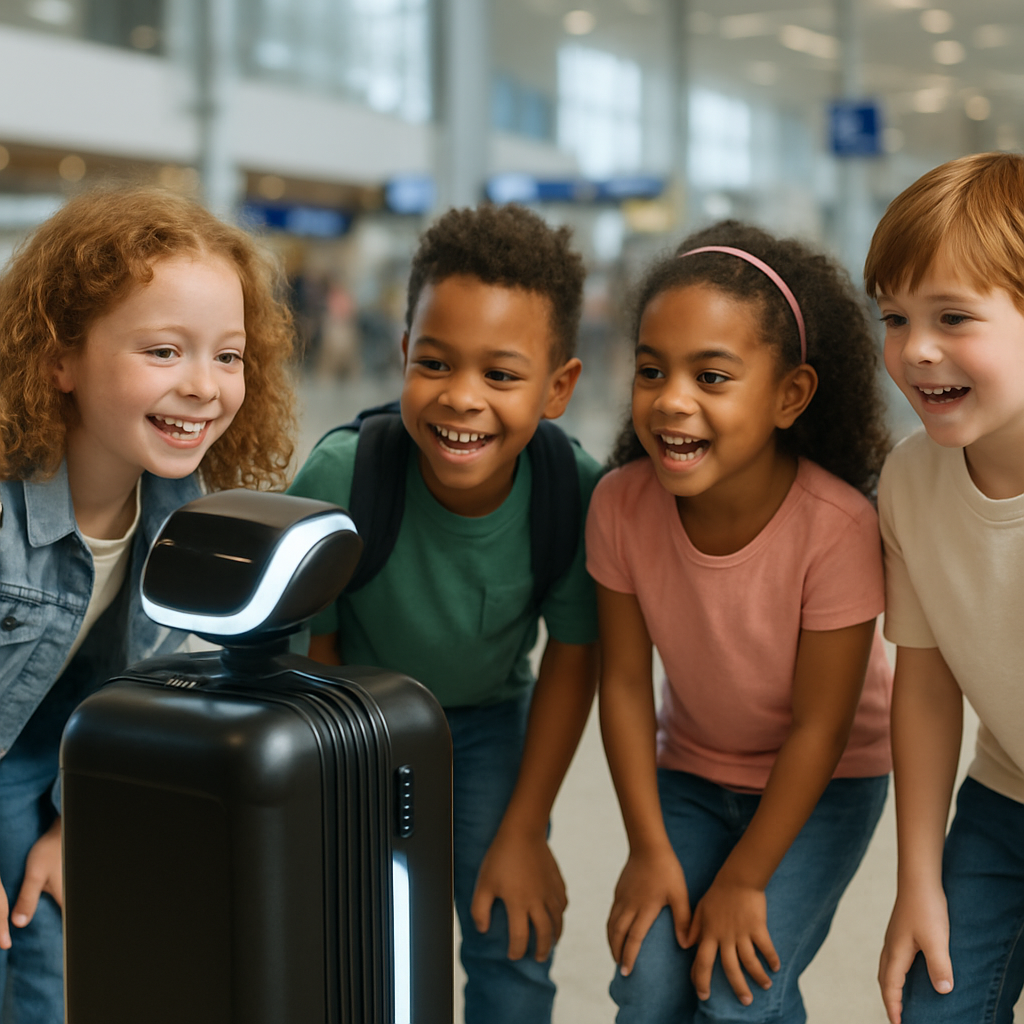 A futuristic luggage robot at an airport with excited children
