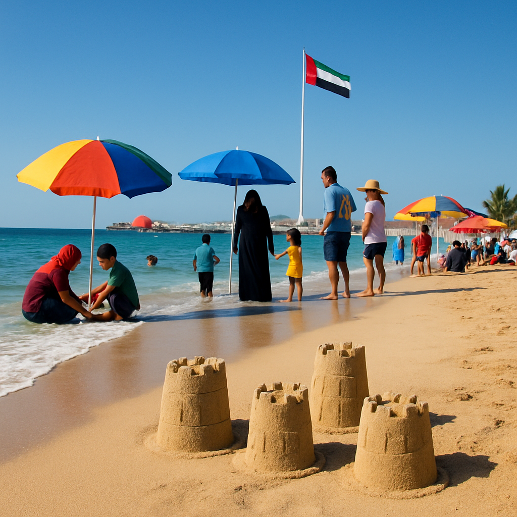 Sunny UAE coastline with waves and beachgoers enjoying the weather