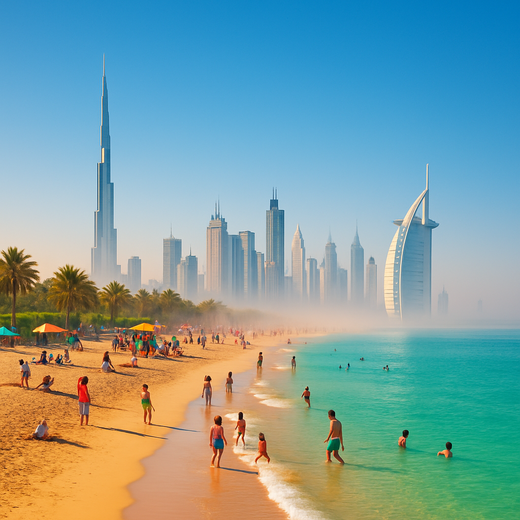 A sunny UAE beach with light fog and warm weather
