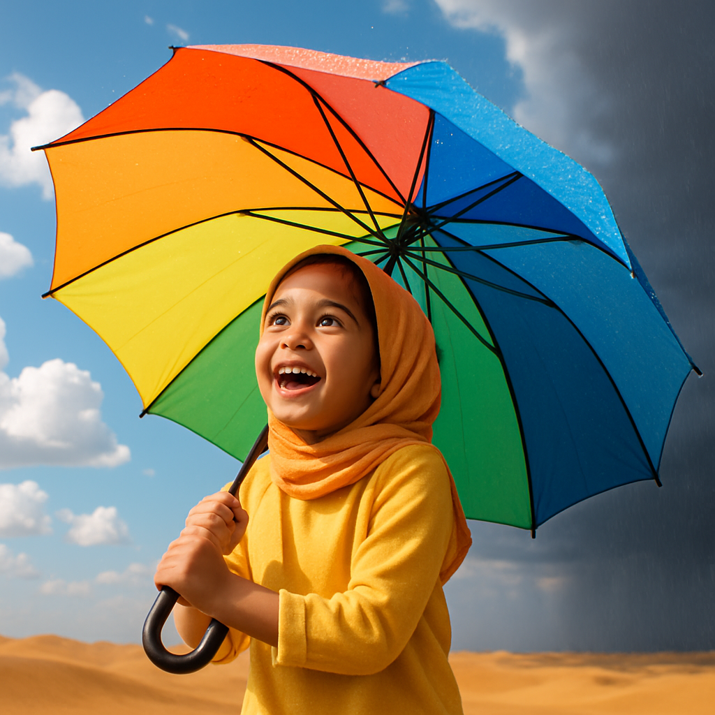 Child looking at UAE weather today with an umbrella in hand