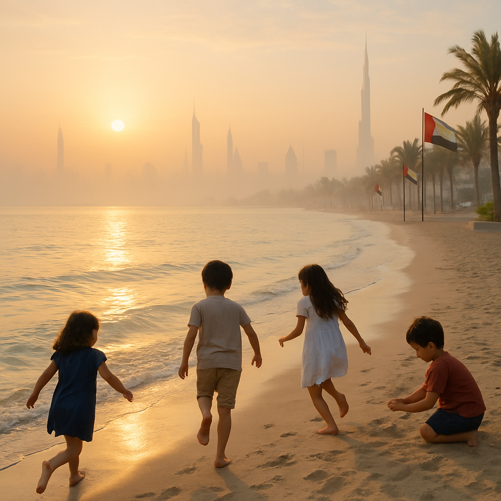 Misty morning in the UAE coastal area with children playing