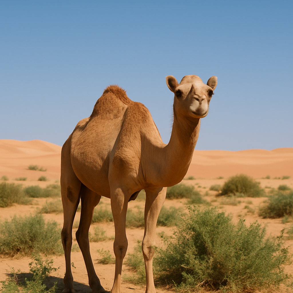 A camel standing in a desert with greenery in Abu Dhabi.