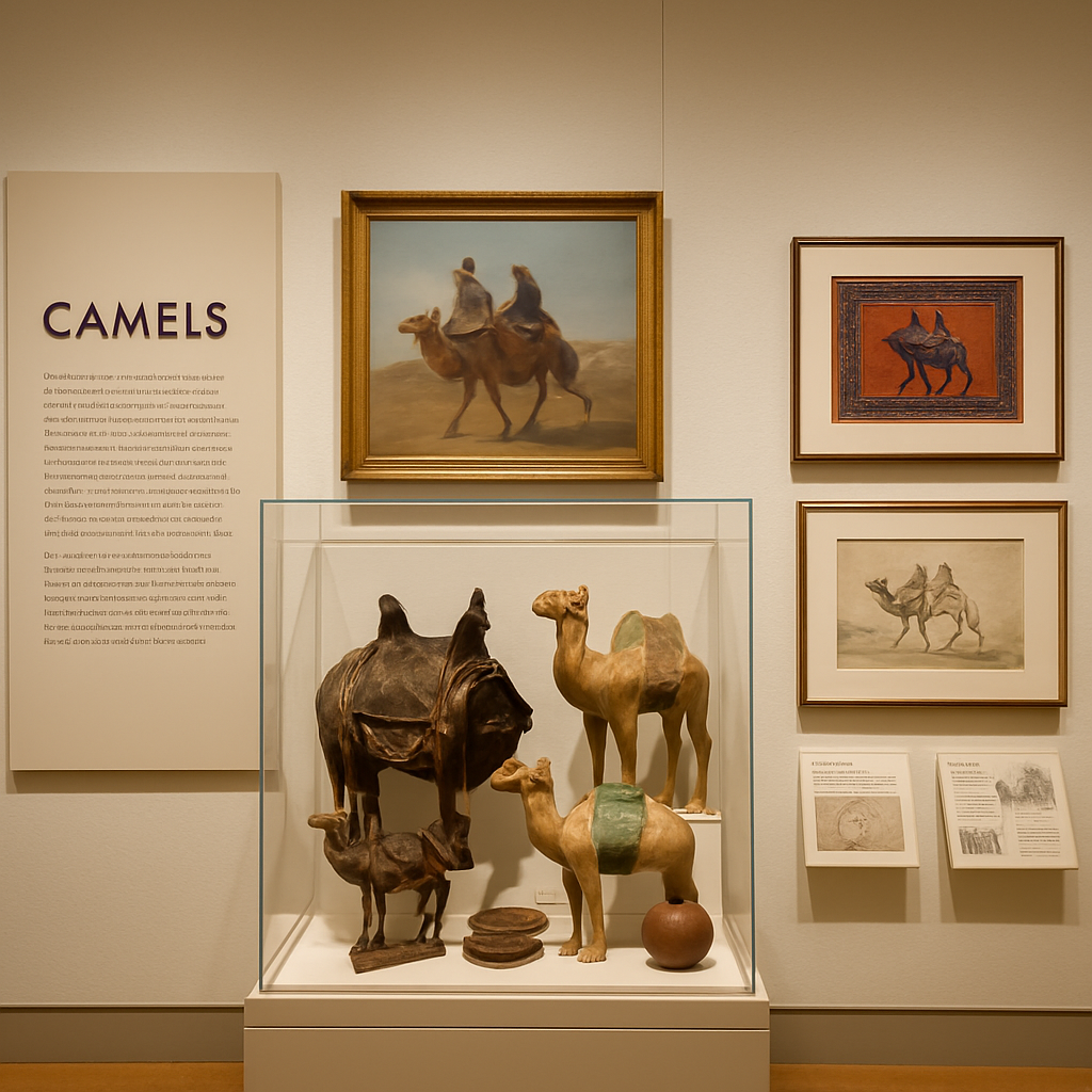 Display of camel artifacts and artworks at a museum exhibition.