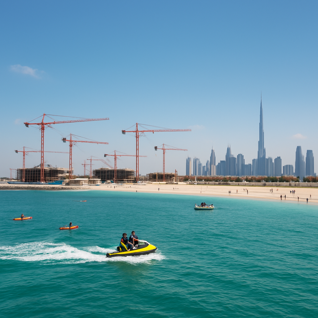 View of Dubai coastline with construction cranes on islands.