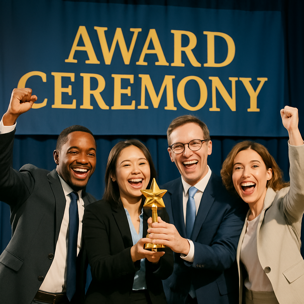 A group of people receiving an award on stage.