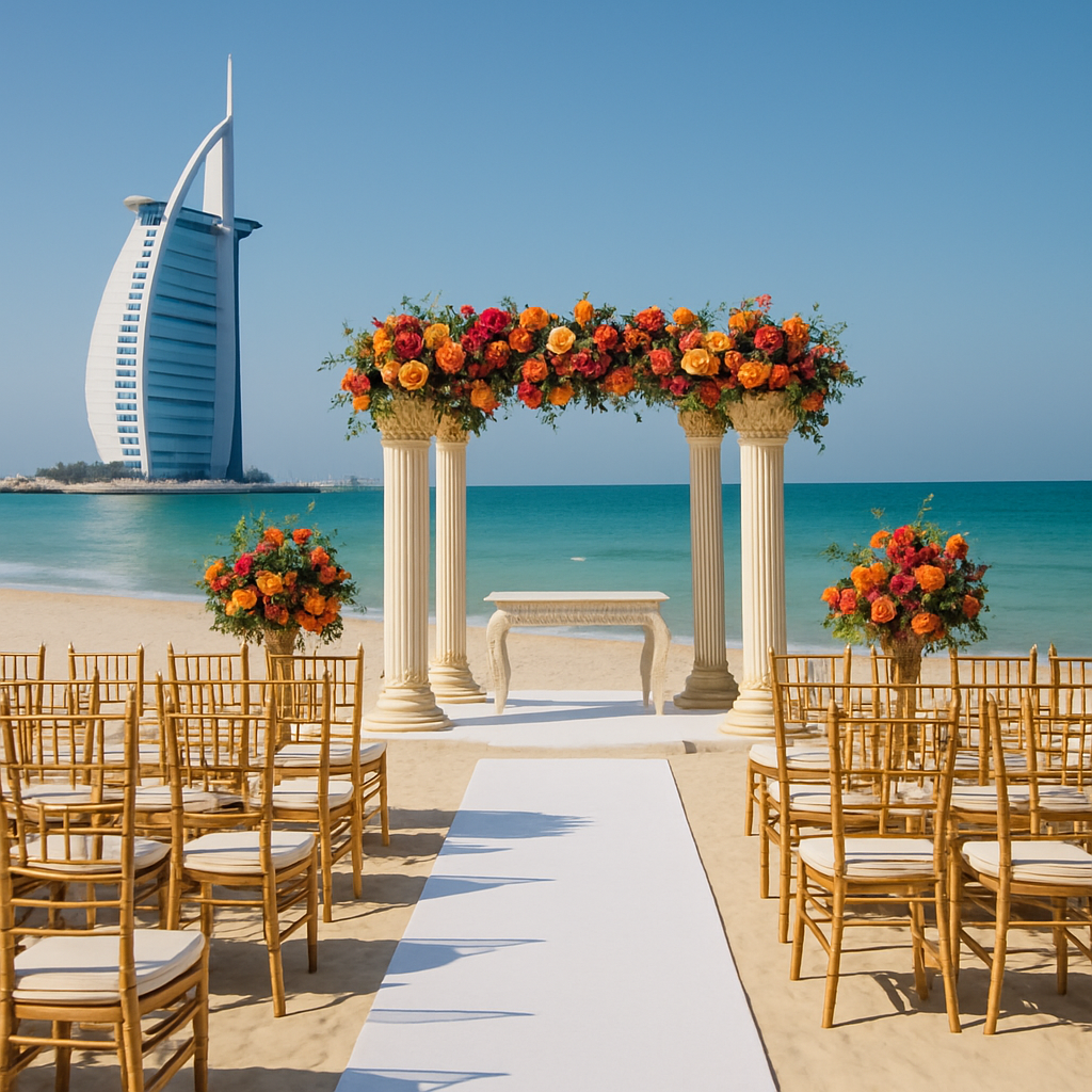 A luxurious beach wedding setup in Dubai with ocean view.