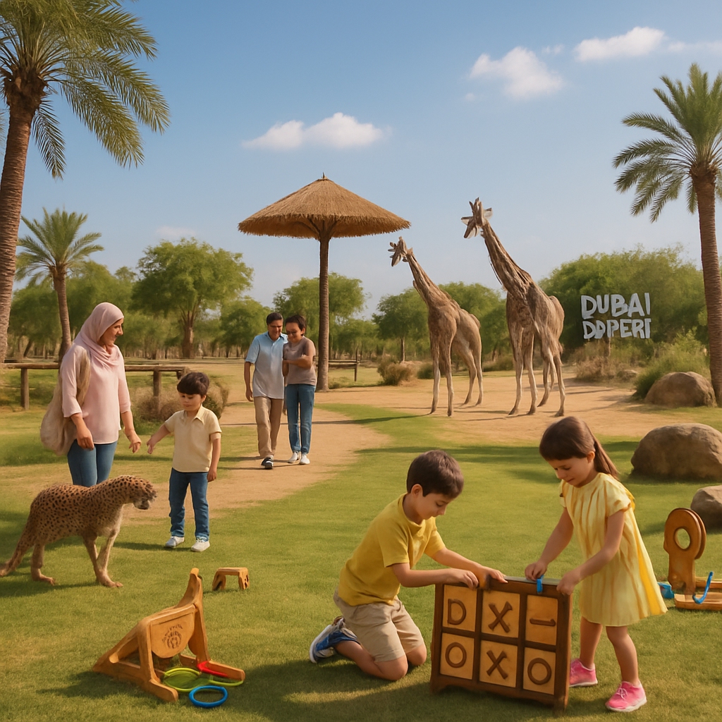 Families enjoying activities at Dubai Safari Park with savannah animals visible.