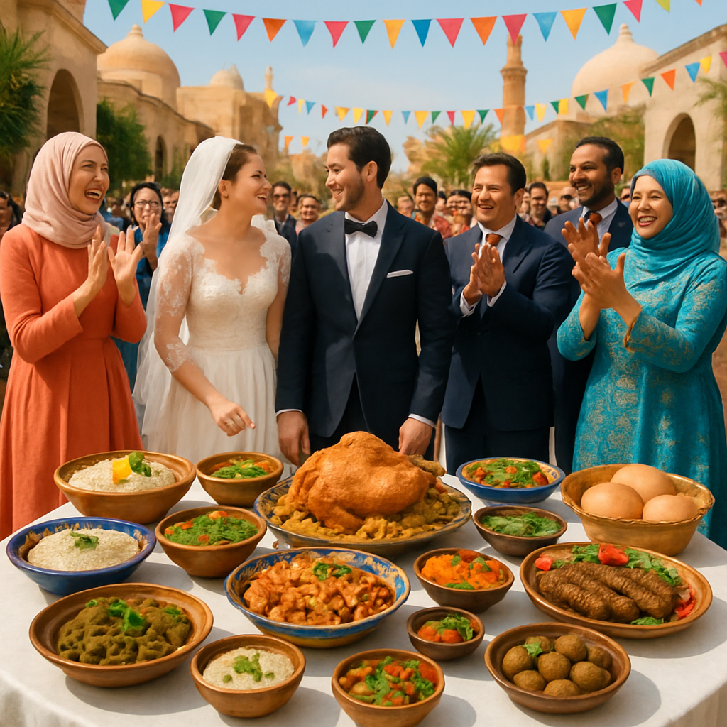 A table at a wedding with various Egyptian dishes.
