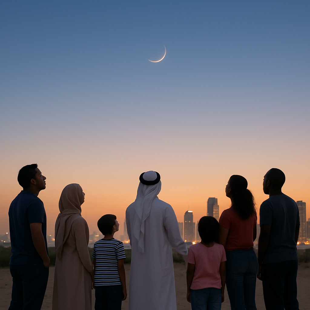 Families looking at the horizon with a faint crescent moon visible.