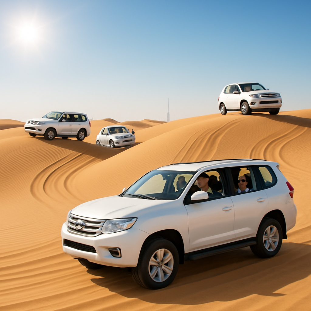 Families in 4x4 cars driving on Dubai desert sands.