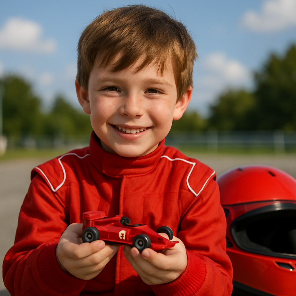 A young racing fan dressed in red with a toy car