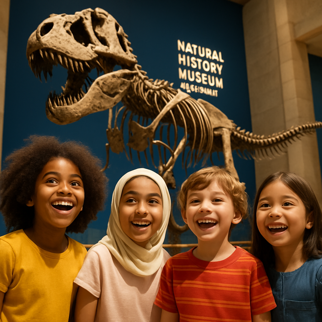 Children exploring T.rex at Abu Dhabi Museum
