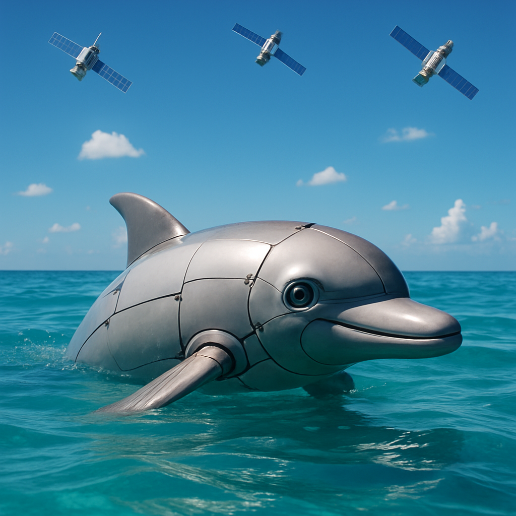 Dolphin-shaped robot in the ocean with satellites in the sky.
